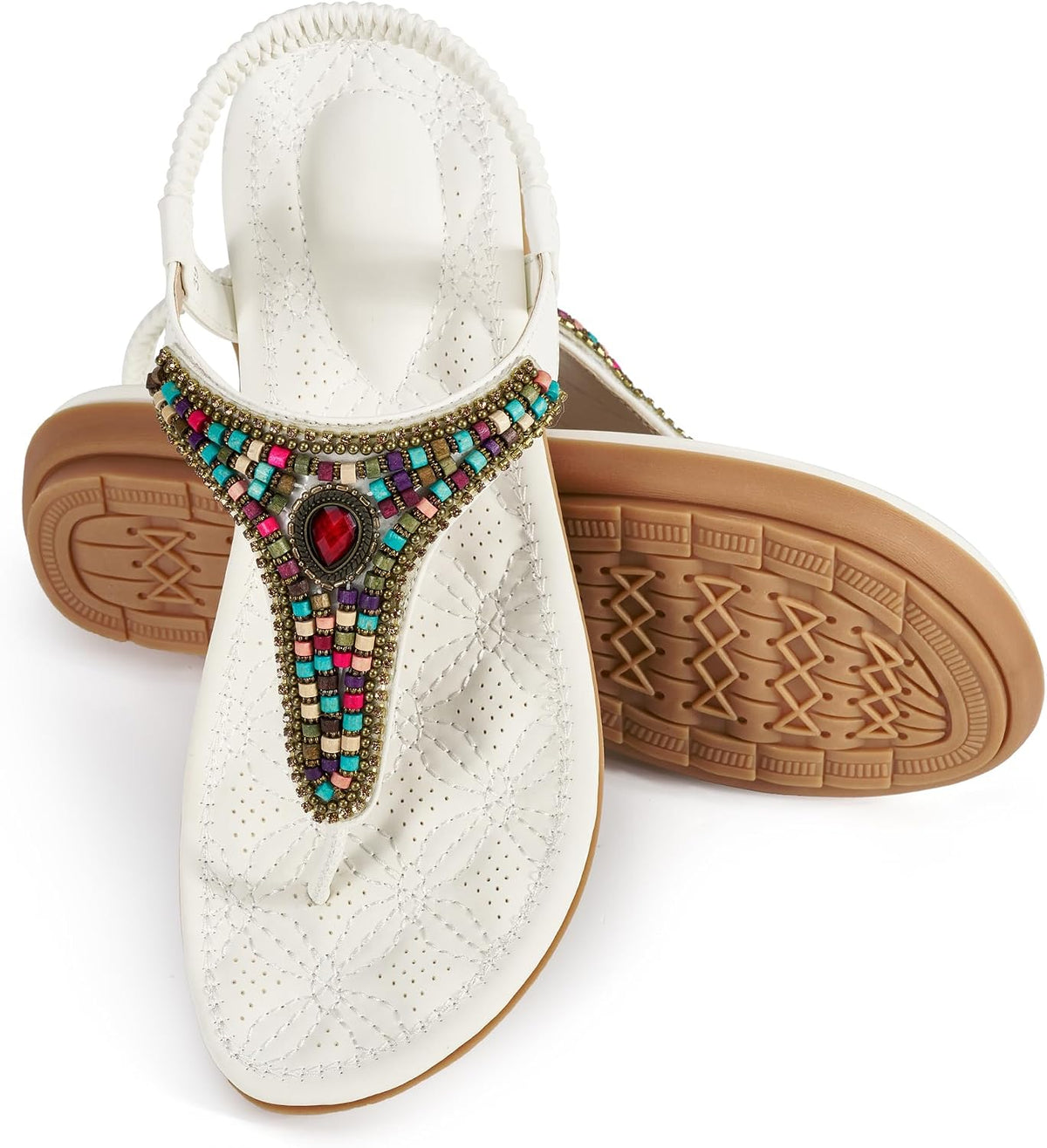 Ecetana Women's Flat Sandals Comfort Beaded Boho Summer Ankle Strap