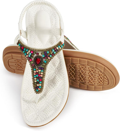 Ecetana Women's Flat Sandals Comfort Beaded Boho Summer Ankle Strap