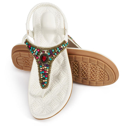 Ecetana Women's Flat Sandals Comfort Beaded Boho Summer Ankle Strap