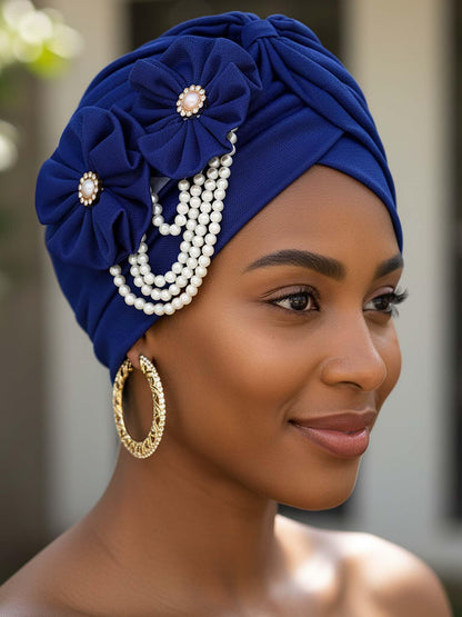 Woeoe Pearl Flower African Hats Pre-Tied Turbans Stretchy Twisted Church Wedding Head Wraps for Women