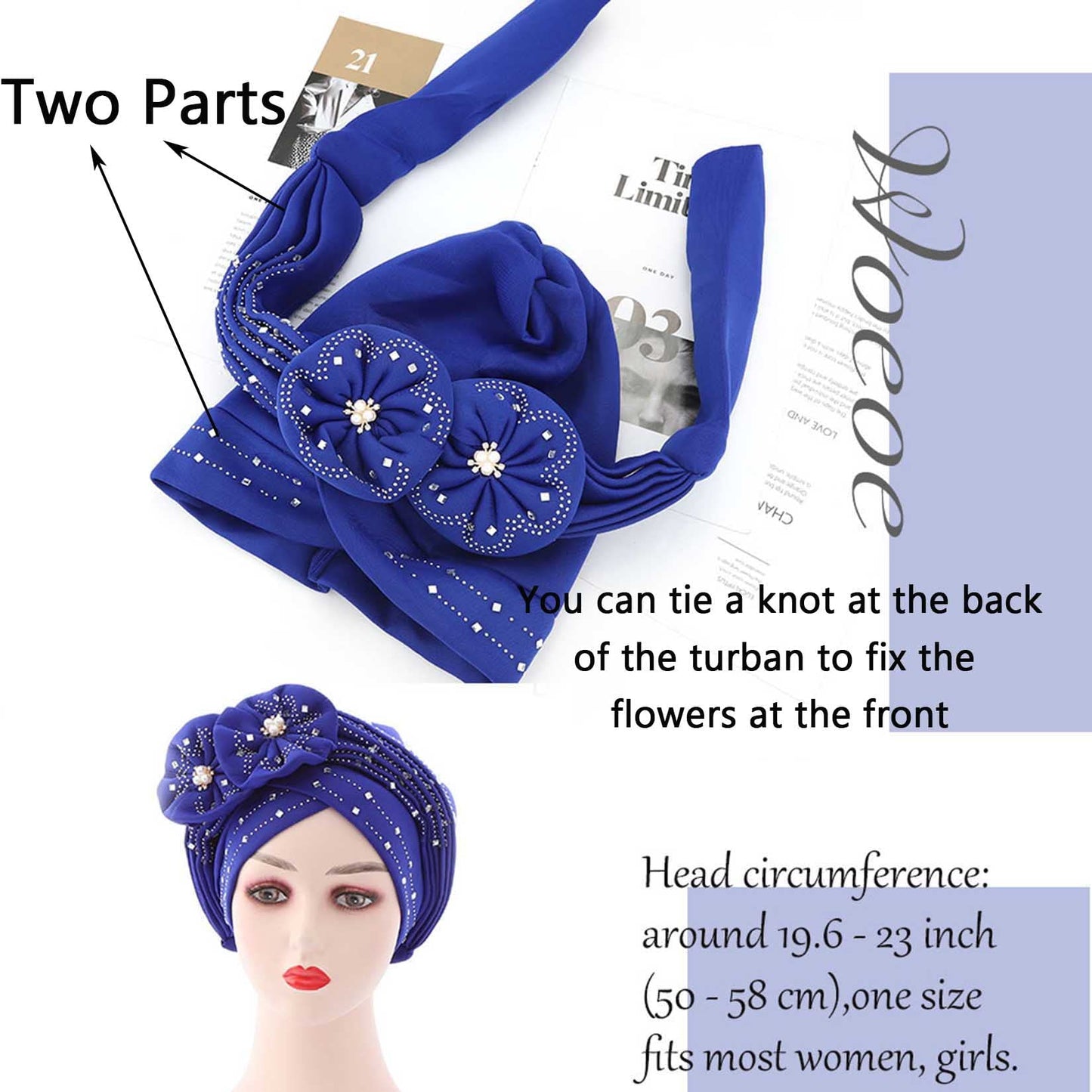 Woeoe Beanie Cap Head Wrap Black Rhinestones Head Scarf Flower Pearls Twisted Head Turban for Women Girls