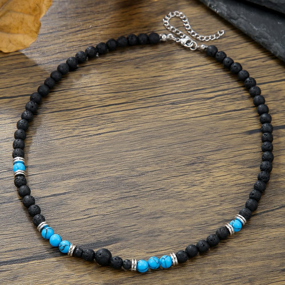 Beaded Necklace for Men,Handmade Men Turquoise Beaded Choker,Natural Wood Bead Necklaces Africa Wooden Chain Statement Unisex Strand Necklaces Hip Hop Beach Jewelry