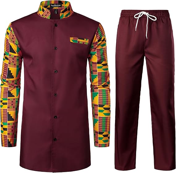 LucMatton Men's 2 Piece Outfits Long Sleeve Button Down African Dashiki Shirts and Pants Set Traditional Ethnic Suits