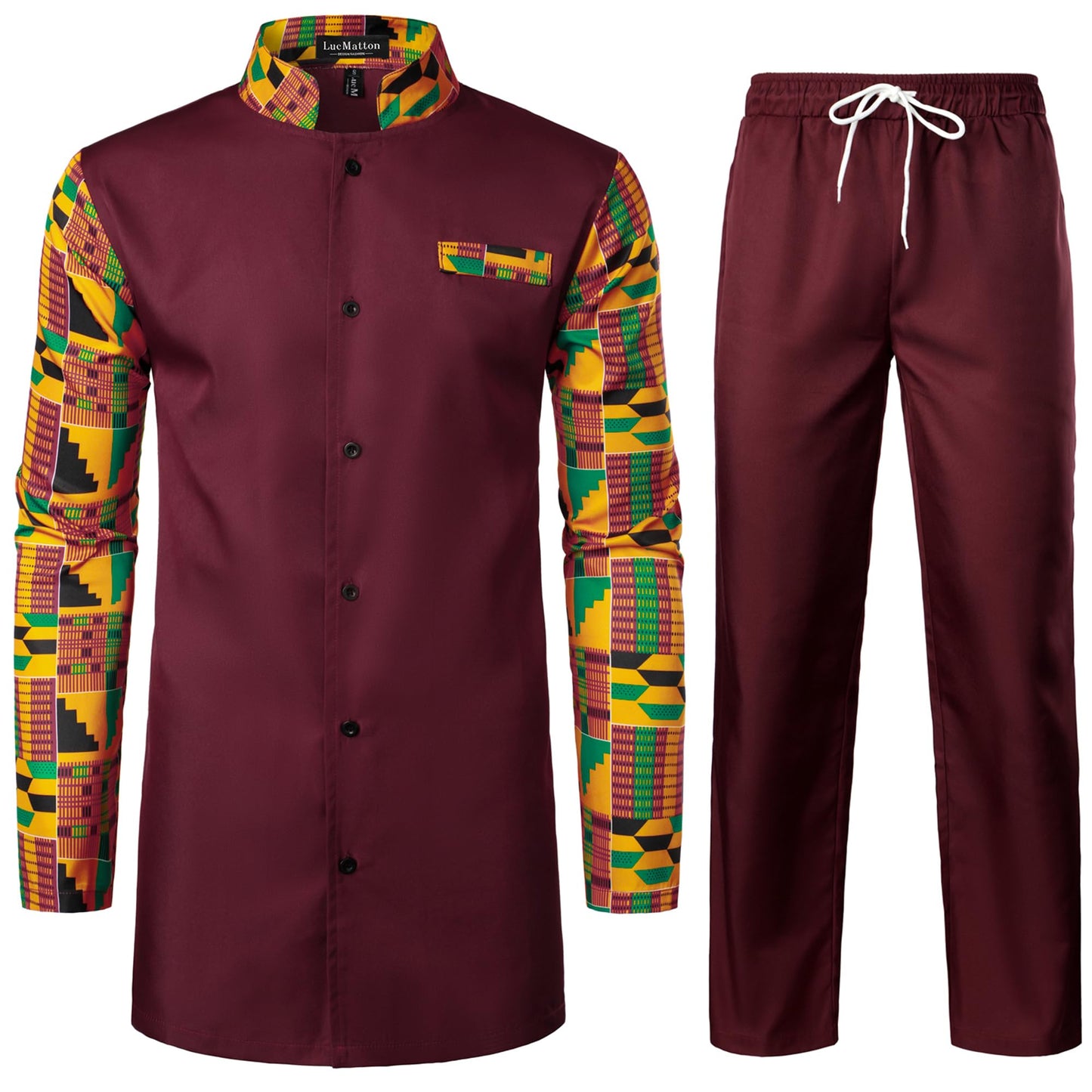 LucMatton Men's 2 Piece Outfits Long Sleeve Button Down African Dashiki Shirts and Pants Set Traditional Ethnic Suits