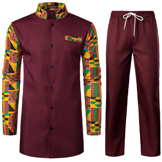 LucMatton Men's 2 Piece Outfits Long Sleeve Button Down African Dashiki Shirts and Pants Set Traditional Ethnic Suits