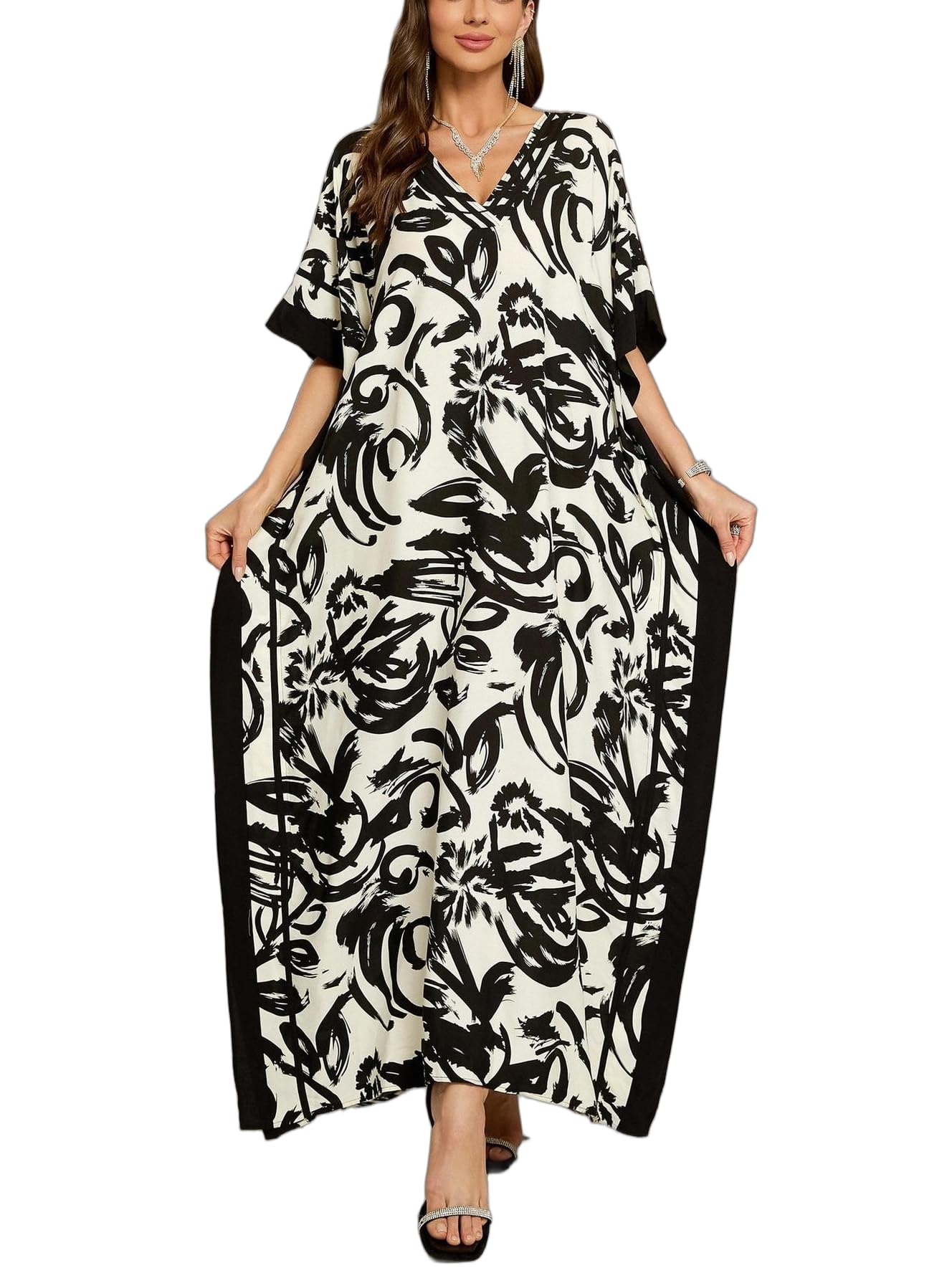 KECVOT Kaftan Dresses for Women V-Neck Print Swimsuit Cover Up Plus Size Beach Caftan Lounge Dress