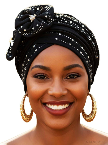 Woeoe Beanie Cap Head Wrap Black Rhinestones Head Scarf Flower Pearls Twisted Head Turban for Women Girls