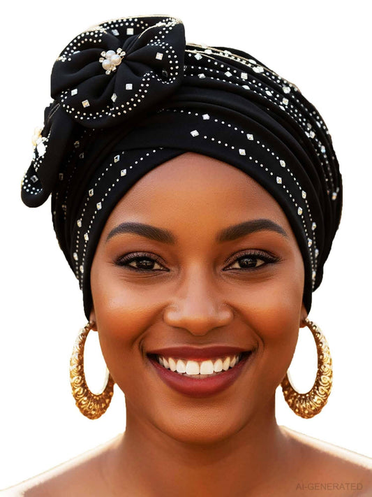 Woeoe Beanie Cap Head Wrap Black Rhinestones Head Scarf Flower Pearls Twisted Head Turban for Women Girls