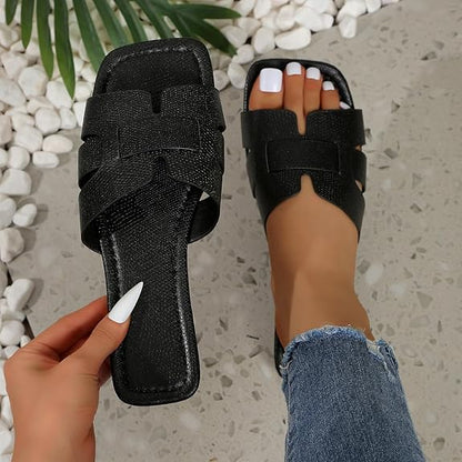 Women's Dressy Casual Flat Sandals, Elegant Comfortable Slip-On Slides with Textured Upper, Versatile Dressy Style for Everyday Wear