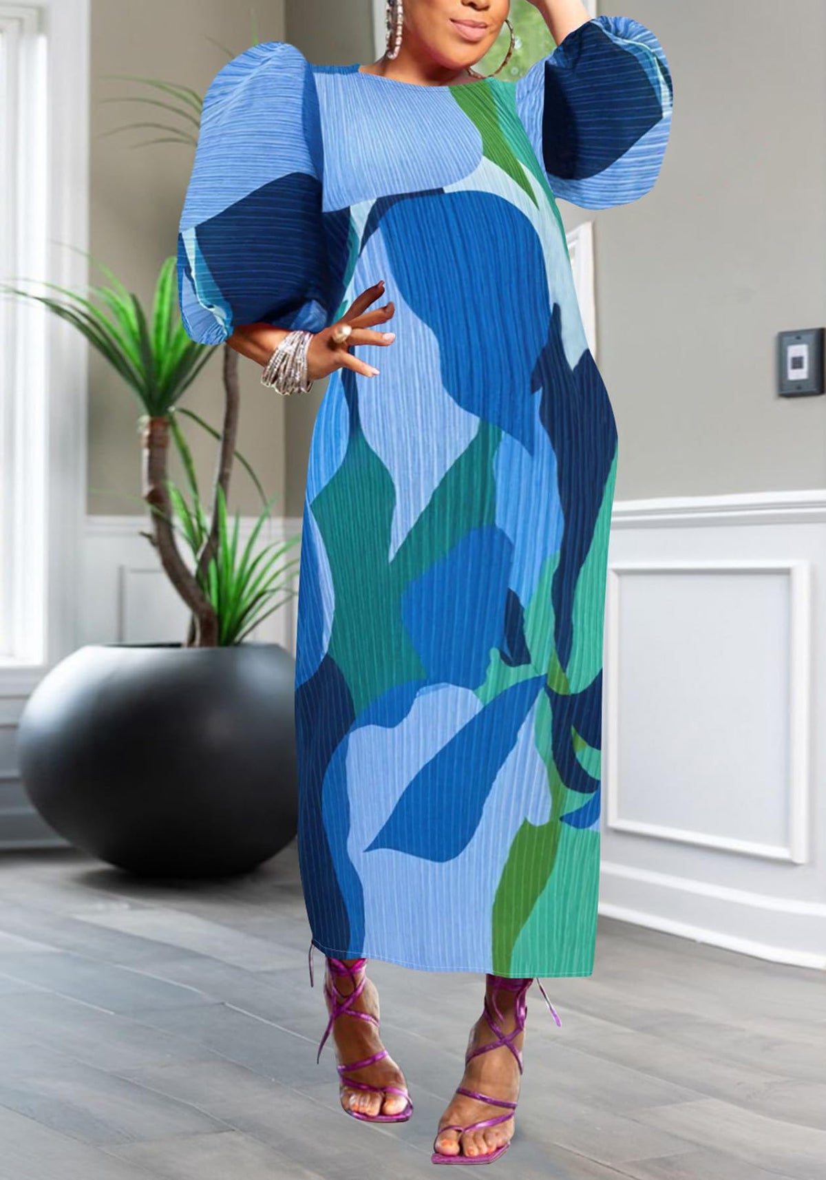 Women Colorful African Dress Floral Party Pleated Maxi Dress