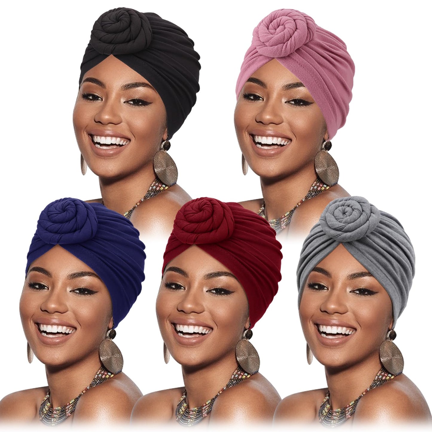 DRESHOW 5 Pack Knotted Headwraps for Women African Turban Pre-Knotted Beanie Headwraps Hair Covers