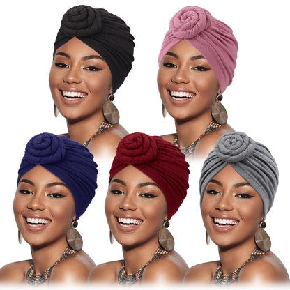 DRESHOW 5 Pack Knotted Headwraps for Women African Turban Pre-Knotted Beanie Headwraps Hair Covers