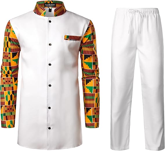 LucMatton Men's 2 Piece Outfits Long Sleeve Button Down African Dashiki Shirts and Pants Set Traditional Ethnic Suits