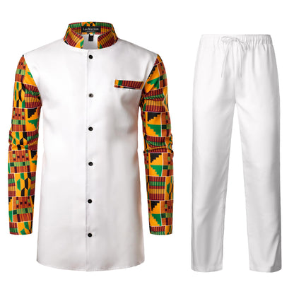LucMatton Men's 2 Piece Outfits Long Sleeve Button Down African Dashiki Shirts and Pants Set Traditional Ethnic Suits