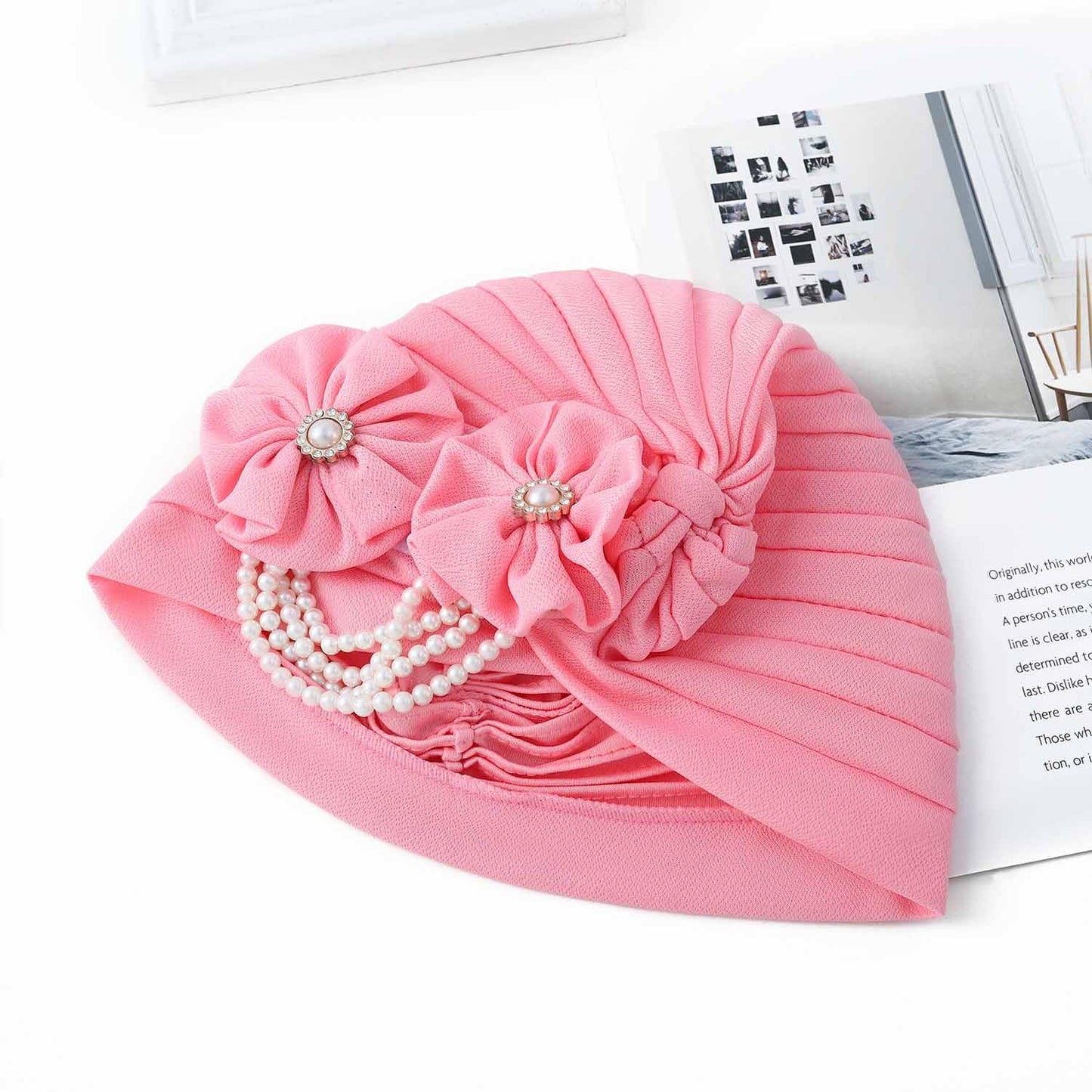 Woeoe Pearl Flower African Hats Pre-Tied Turbans Stretchy Twisted Church Wedding Head Wraps for Women