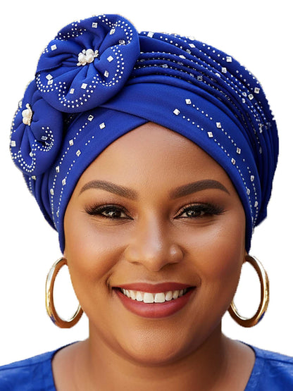 Woeoe Beanie Cap Head Wrap Black Rhinestones Head Scarf Flower Pearls Twisted Head Turban for Women Girls