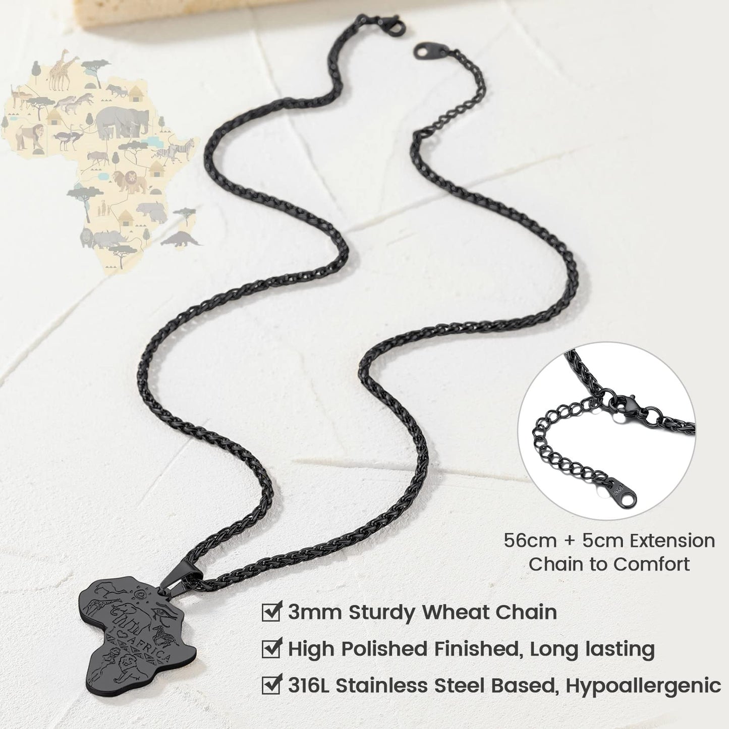 GOLDCHIC JEWELRY Africa Map Necklace for Men, Stainless Steel African Tribal/Egyptian Eye of Horus/I LOVE AFRICA/Elephant Map Hiphop Jewelry Unisex with 22'+2'Adjustable Chain
