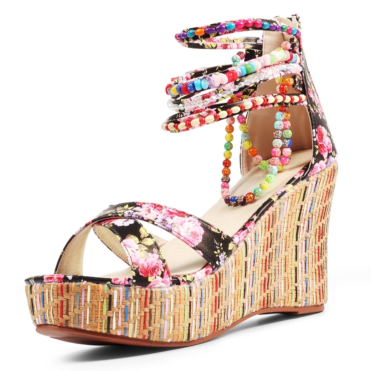 getmorebeauty Women's Wedge Sandals With Pearls Across The Top Platform Sandals High Heels