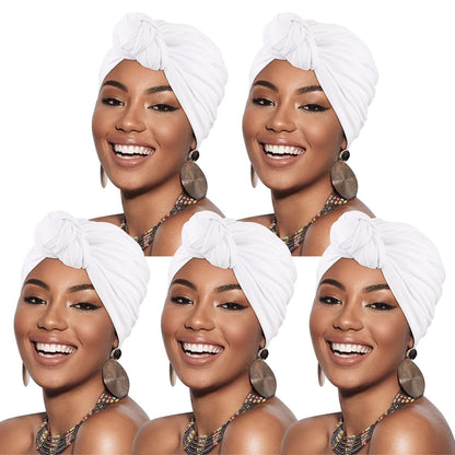 DRESHOW 5 Pack Knotted Headwraps for Women African Turban Pre-Knotted Beanie Headwraps Hair Covers