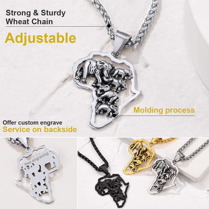 GOLDCHIC JEWELRY Africa Map Necklace for Men, Stainless Steel African Tribal/Egyptian Eye of Horus/I LOVE AFRICA/Elephant Map Hiphop Jewelry Unisex with 22'+2'Adjustable Chain