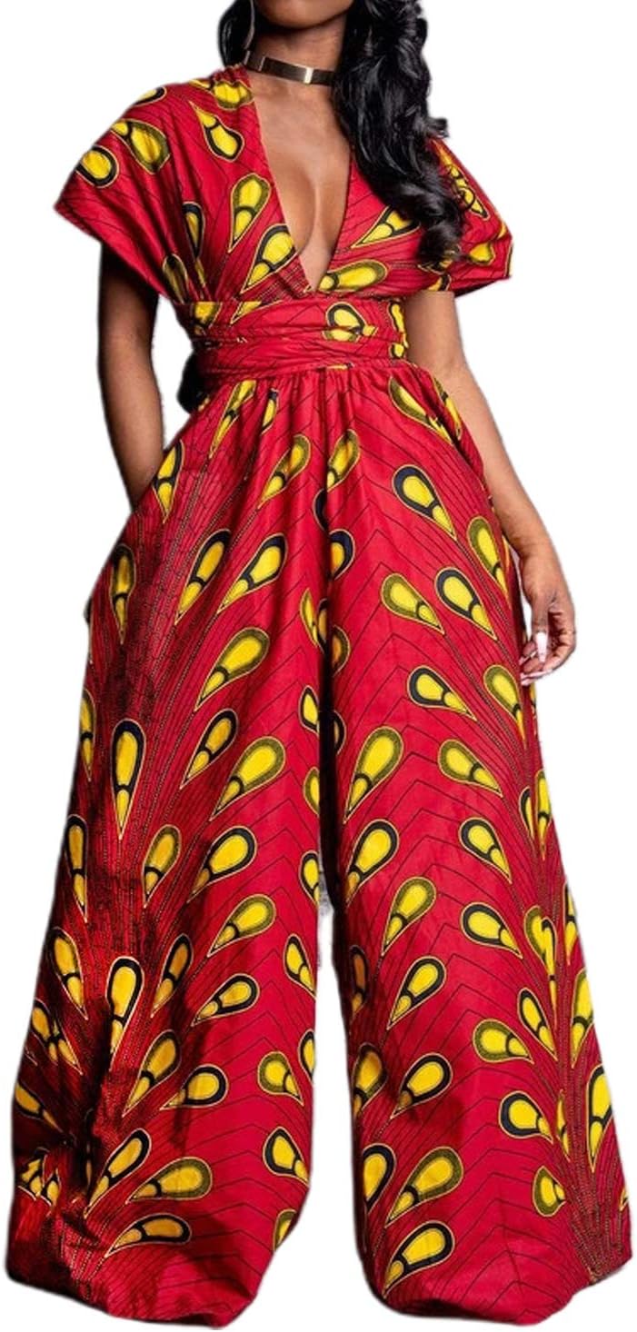 Women's African Jumpsuits Rompers V-Neck Multi-Way Wide Leg Pants