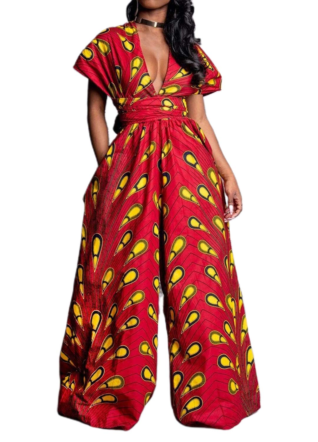 Women's African Jumpsuits Rompers V-Neck Multi-Way Wide Leg Pants