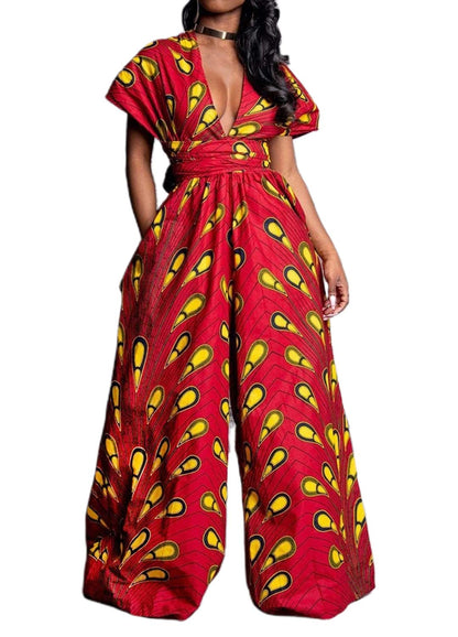 Women's African Jumpsuits Rompers V-Neck Multi-Way Wide Leg Pants