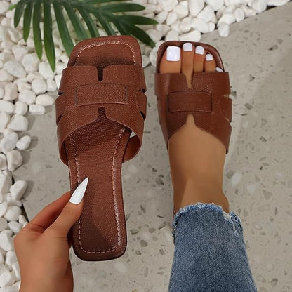 Women's Dressy Casual Flat Sandals, Elegant Comfortable Slip-On Slides with Textured Upper, Versatile Dressy Style for Everyday Wear (Copy) (Copy)