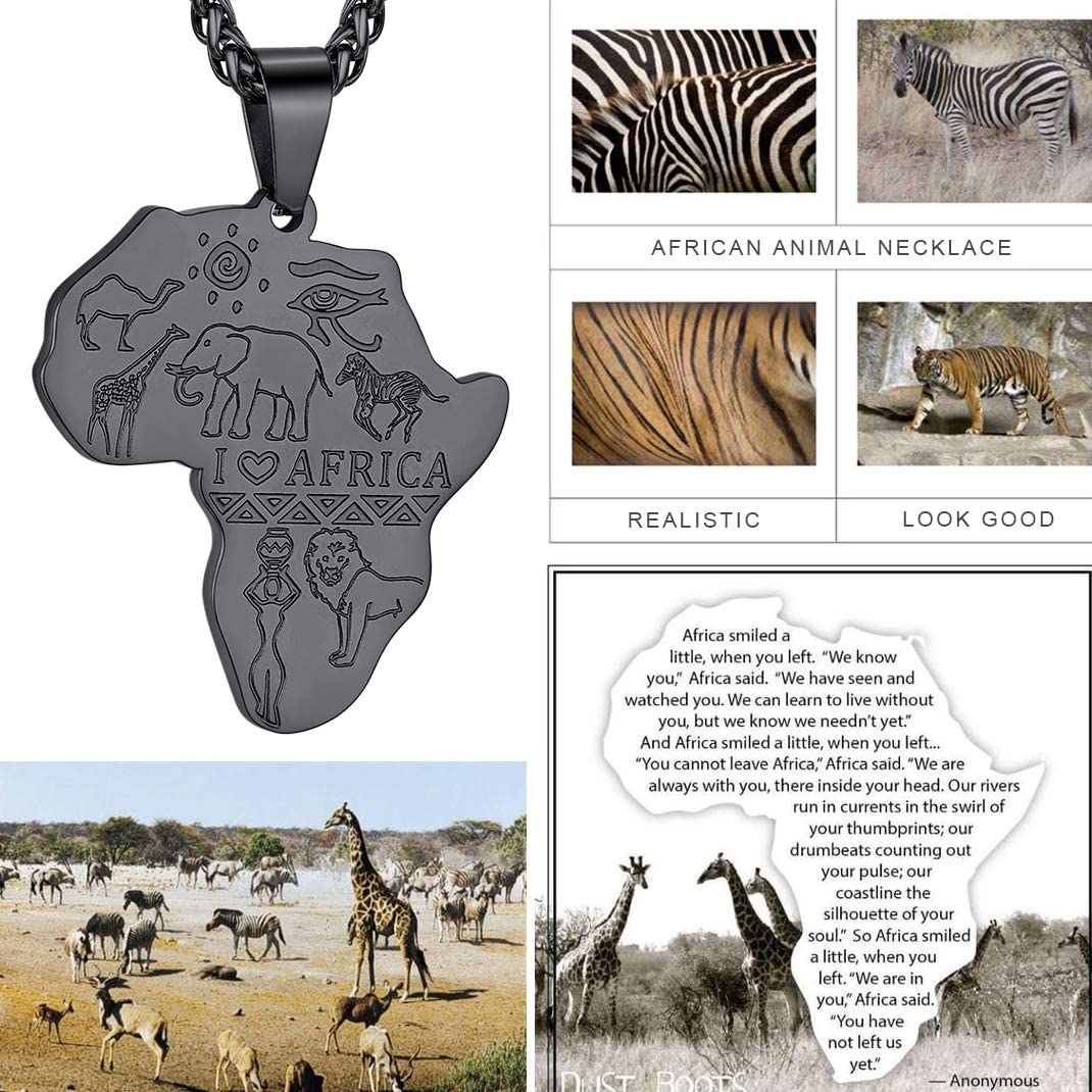 GOLDCHIC JEWELRY Africa Map Necklace for Men, Stainless Steel African Tribal/Egyptian Eye of Horus/I LOVE AFRICA/Elephant Map Hiphop Jewelry Unisex with 22'+2'Adjustable Chain