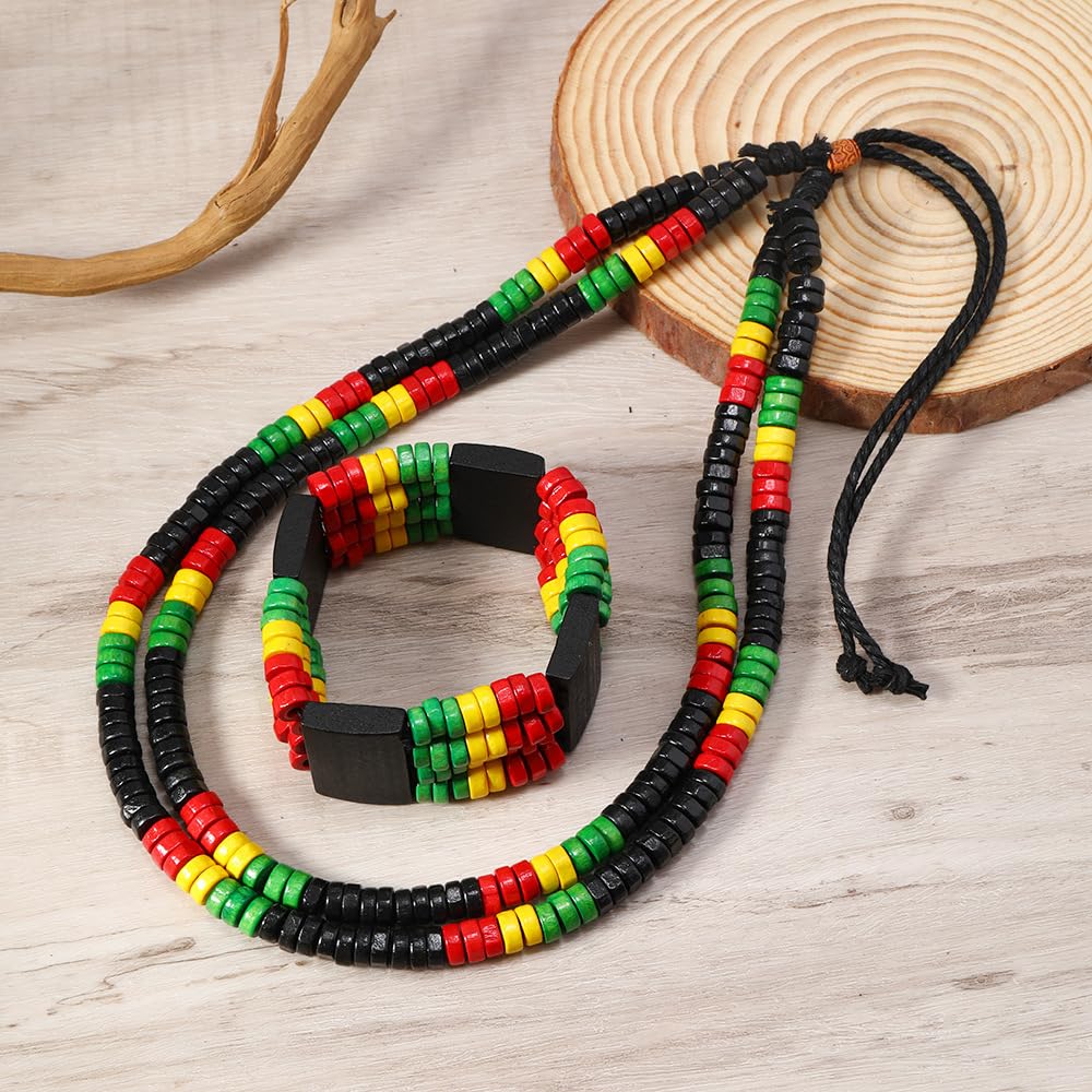 MALOYANVE 6 Pcs Juneteenth African Jewelry Set for Women Jamaican Wood Rasta Beaded Necklace and Bracelet Black History Month Dangle Earrings Jamaican Outfit Rastafari Pride Accessories