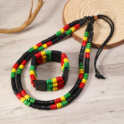 MALOYANVE 6 Pcs Juneteenth African Jewelry Set for Women Jamaican Wood Rasta Beaded Necklace and Bracelet Black History Month Dangle Earrings Jamaican Outfit Rastafari Pride Accessories