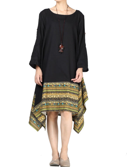 Minibee Women's Ethnic Cotton Linen Short/Long Sleeves Irregular Dress