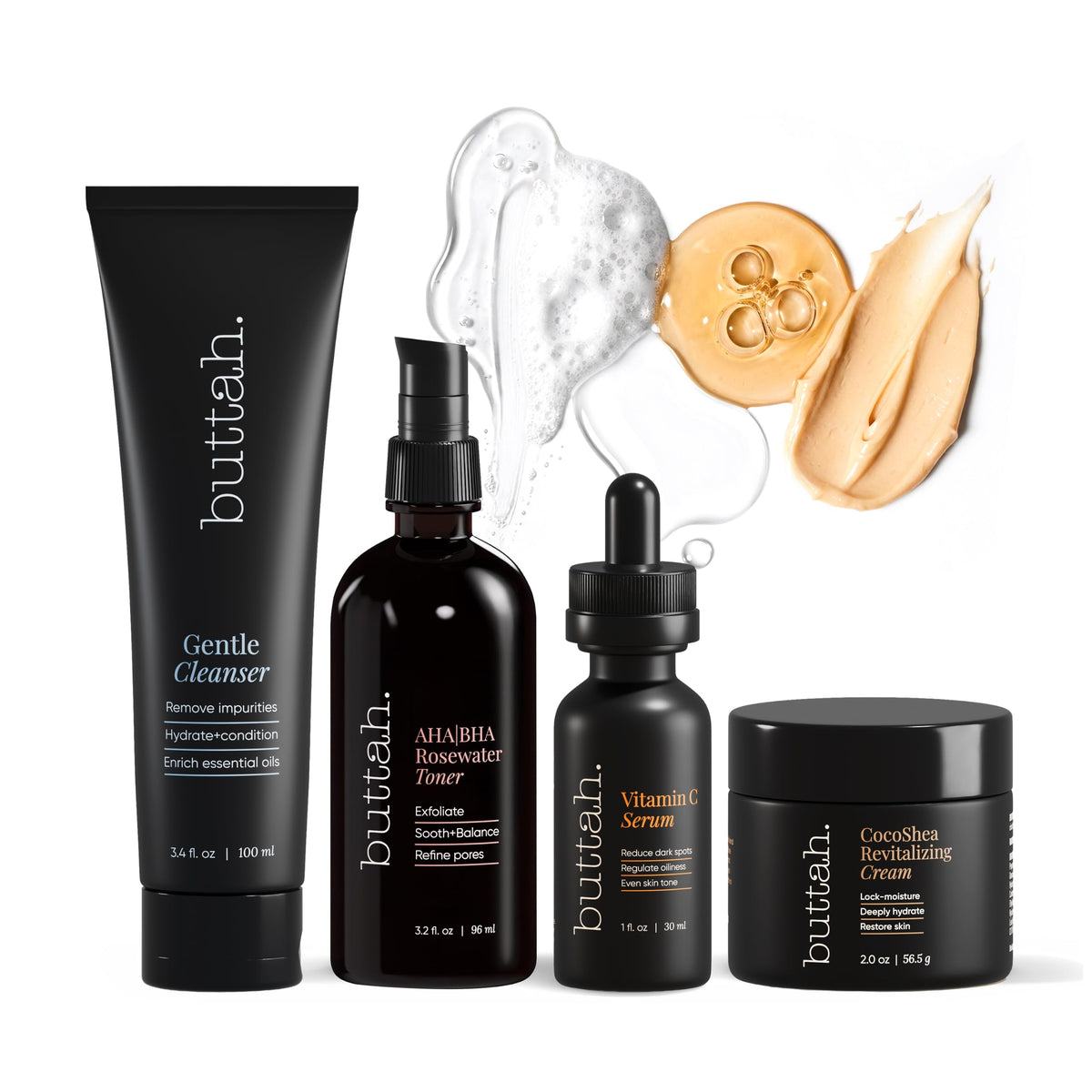 Buttah Skin Supreme Kit for Melanin Rich Skin | Oil-Free Hyaluronic Gel Cream 2 oz | Vitamin C Serum 1 oz | Cleanser 3.4 oz | Rosewater Toner 3.4 oz | Black Owned Skincare