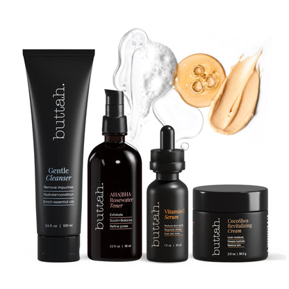 Buttah Skin Supreme Kit for Melanin Rich Skin | Oil-Free Hyaluronic Gel Cream 2 oz | Vitamin C Serum 1 oz | Cleanser 3.4 oz | Rosewater Toner 3.4 oz | Black Owned Skincare
