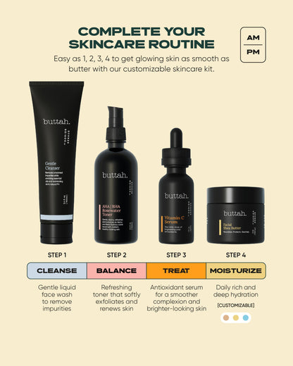 Buttah Skin Supreme Kit for Melanin Rich Skin | Oil-Free Hyaluronic Gel Cream 2 oz | Vitamin C Serum 1 oz | Cleanser 3.4 oz | Rosewater Toner 3.4 oz | Black Owned Skincare