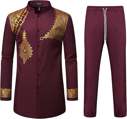 LucMatton Men's 2 Piece Outfits Long Sleeve Button Down African Dashiki Shirts and Pants Set Traditional Ethnic Suits