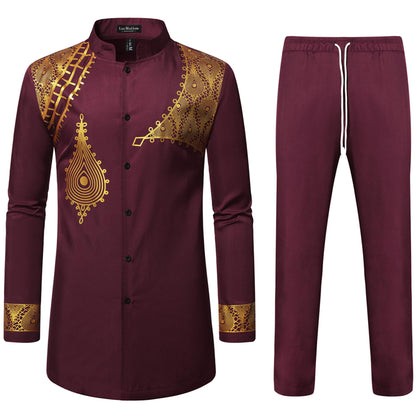 LucMatton Men's 2 Piece Outfits Long Sleeve Button Down African Dashiki Shirts and Pants Set Traditional Ethnic Suits
