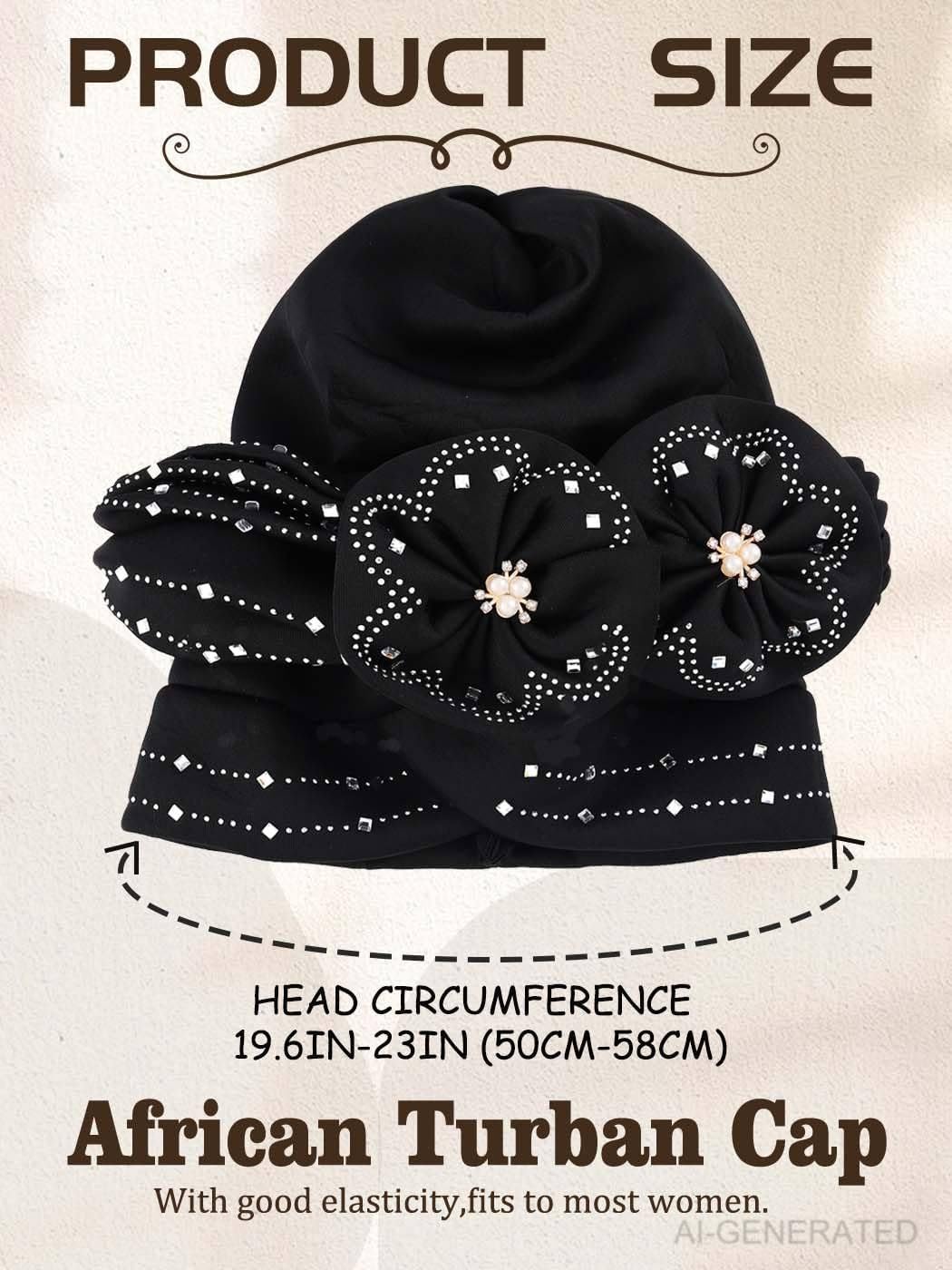 Woeoe Beanie Cap Head Wrap Black Rhinestones Head Scarf Flower Pearls Twisted Head Turban for Women Girls