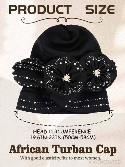 Woeoe Beanie Cap Head Wrap Black Rhinestones Head Scarf Flower Pearls Twisted Head Turban for Women Girls