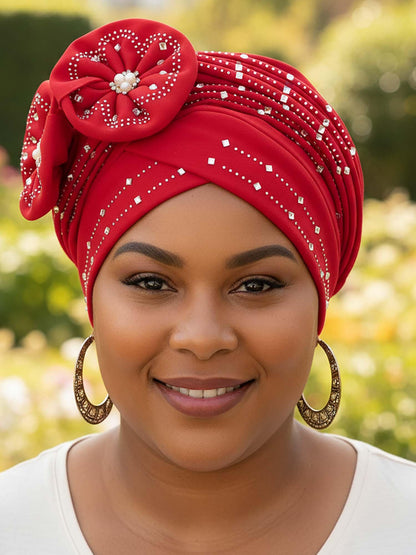 Woeoe Beanie Cap Head Wrap Black Rhinestones Head Scarf Flower Pearls Twisted Head Turban for Women Girls