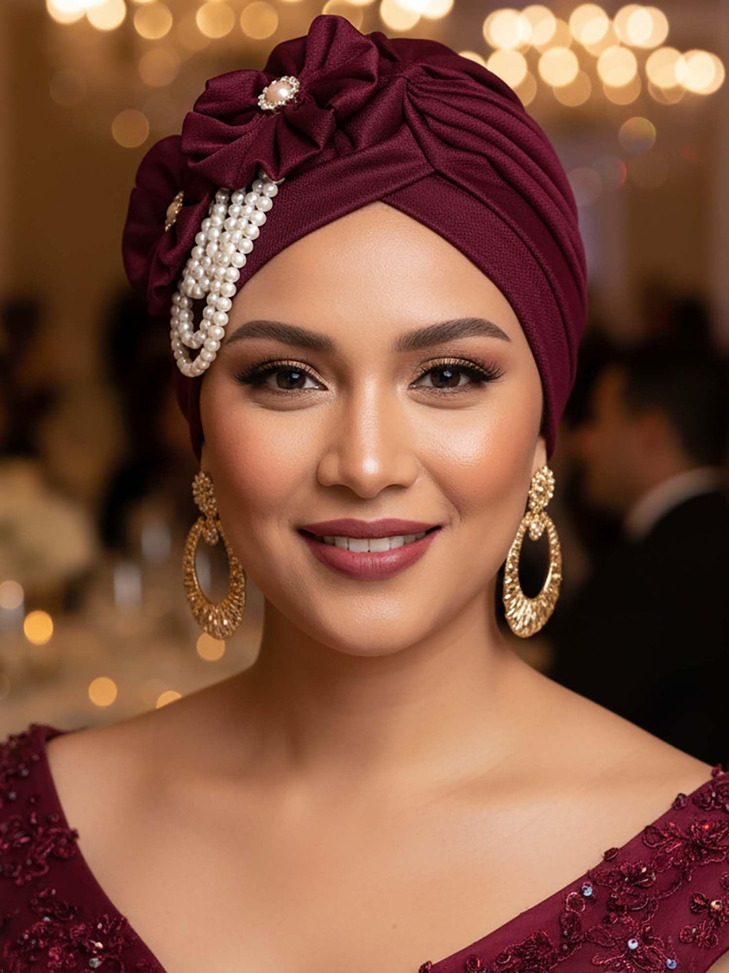 Woeoe Pearl Flower African Hats Pre-Tied Turbans Stretchy Twisted Church Wedding Head Wraps for Women