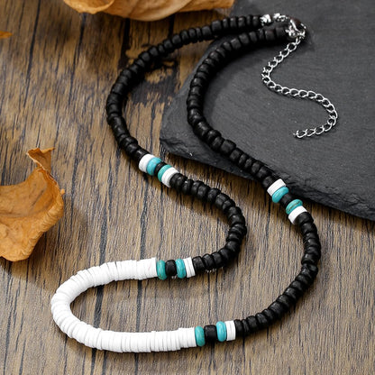 Beaded Necklace for Men,Handmade Men Turquoise Beaded Choker,Natural Wood Bead Necklaces Africa Wooden Chain Statement Unisex Strand Necklaces Hip Hop Beach Jewelry