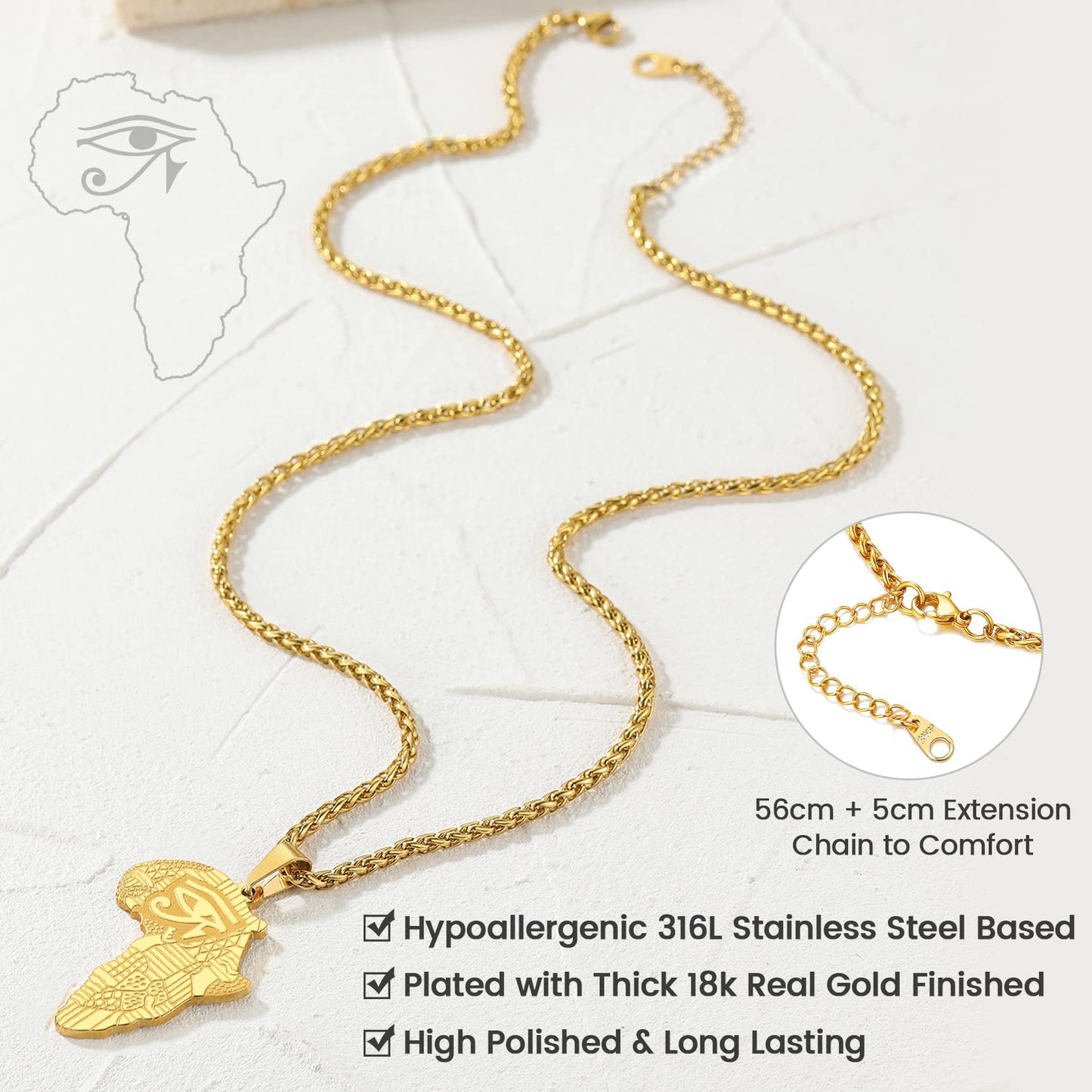 GOLDCHIC JEWELRY Africa Map Necklace for Men, Stainless Steel African Tribal/Egyptian Eye of Horus/I LOVE AFRICA/Elephant Map Hiphop Jewelry Unisex with 22'+2'Adjustable Chain