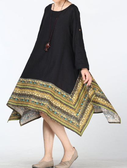 Minibee Women's Ethnic Cotton Linen Short/Long Sleeves Irregular Dress