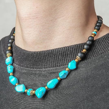 Beaded Necklace for Men,Handmade Men Turquoise Beaded Choker,Natural Wood Bead Necklaces Africa Wooden Chain Statement Unisex Strand Necklaces Hip Hop Beach Jewelry