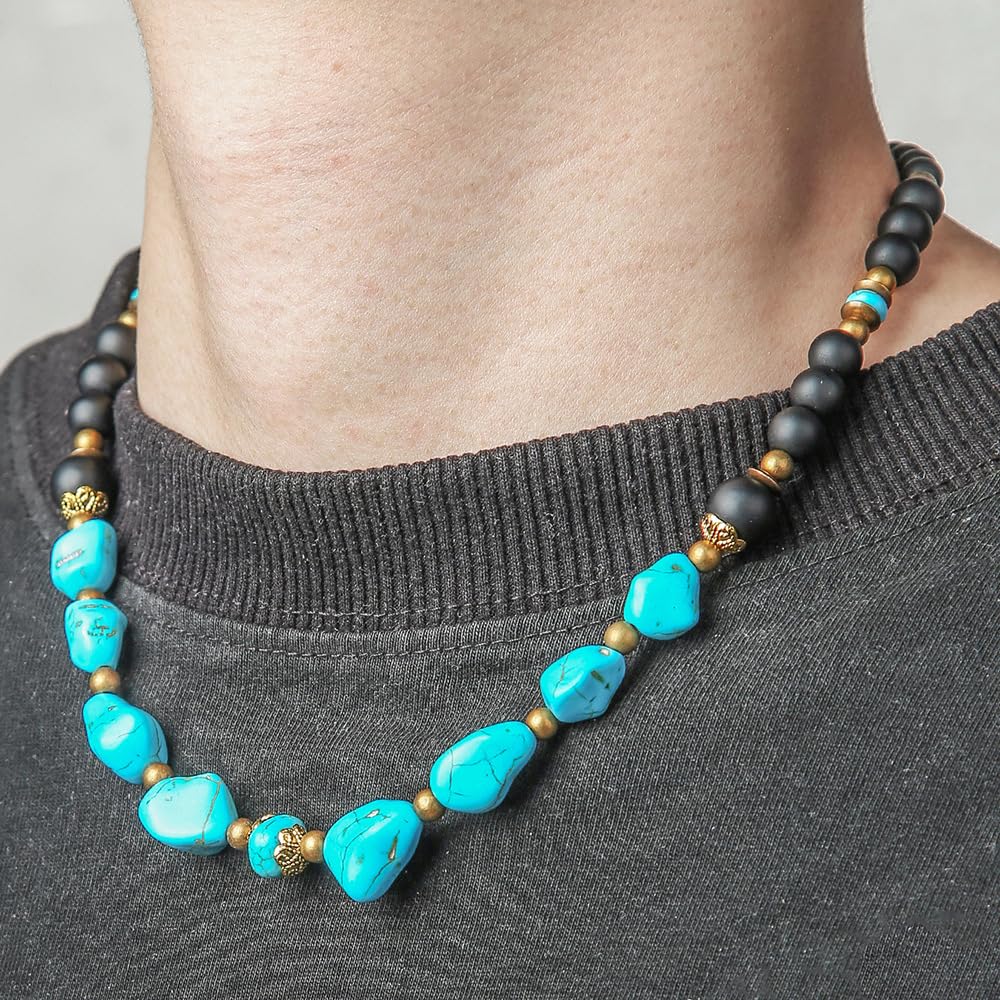 Beaded Necklace for Men,Handmade Men Turquoise Beaded Choker,Natural Wood Bead Necklaces Africa Wooden Chain Statement Unisex Strand Necklaces Hip Hop Beach Jewelry