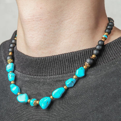 Beaded Necklace for Men,Handmade Men Turquoise Beaded Choker,Natural Wood Bead Necklaces Africa Wooden Chain Statement Unisex Strand Necklaces Hip Hop Beach Jewelry