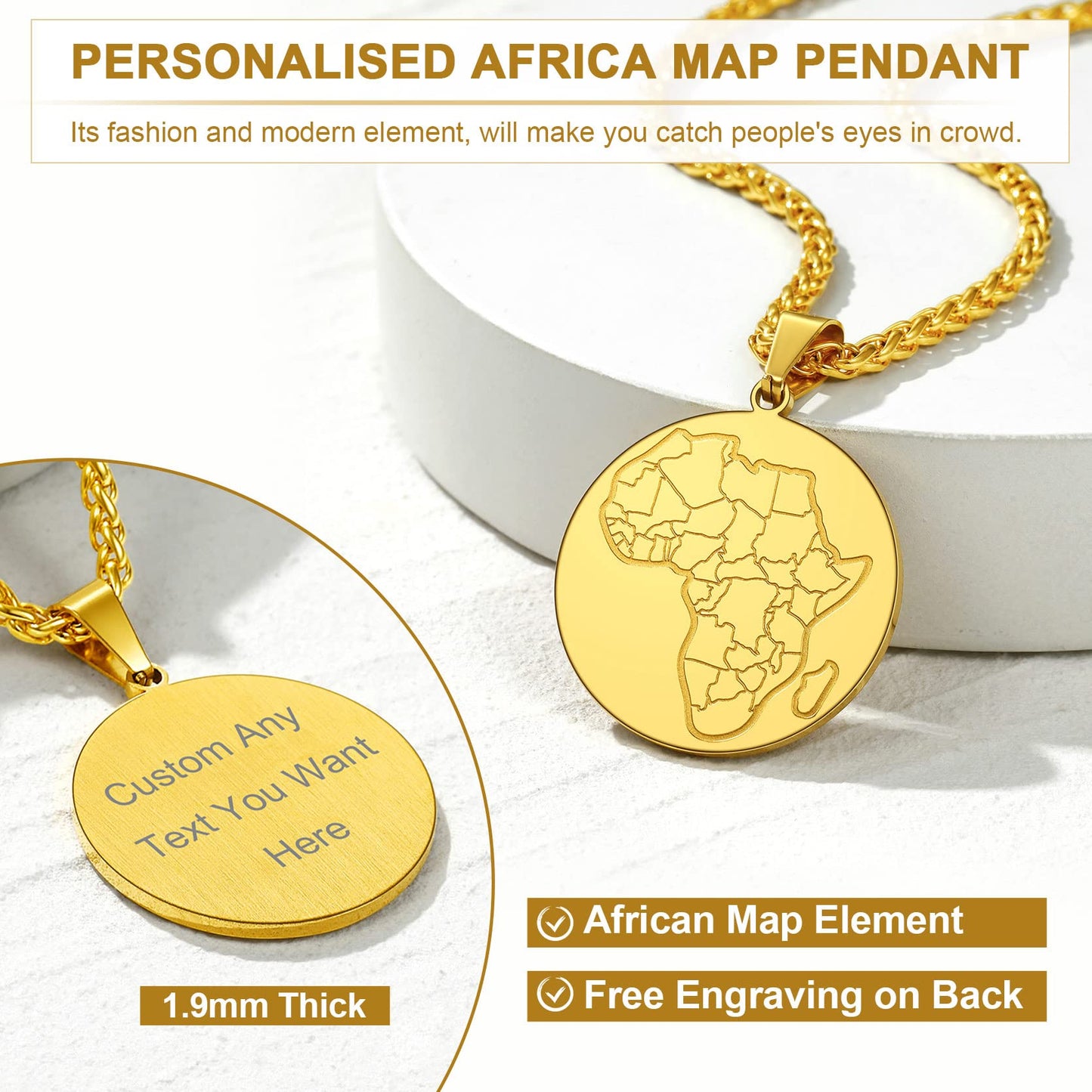 GOLDCHIC JEWELRY Africa Map Necklace for Men, Stainless Steel African Tribal/Egyptian Eye of Horus/I LOVE AFRICA/Elephant Map Hiphop Jewelry Unisex with 22'+2'Adjustable Chain