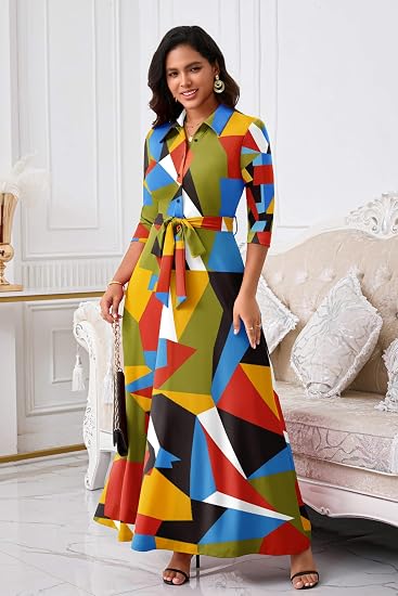 Runwind Women Church Maxi Dresses 3/4 Sleeve Button Down Print Casual Office Dress African
