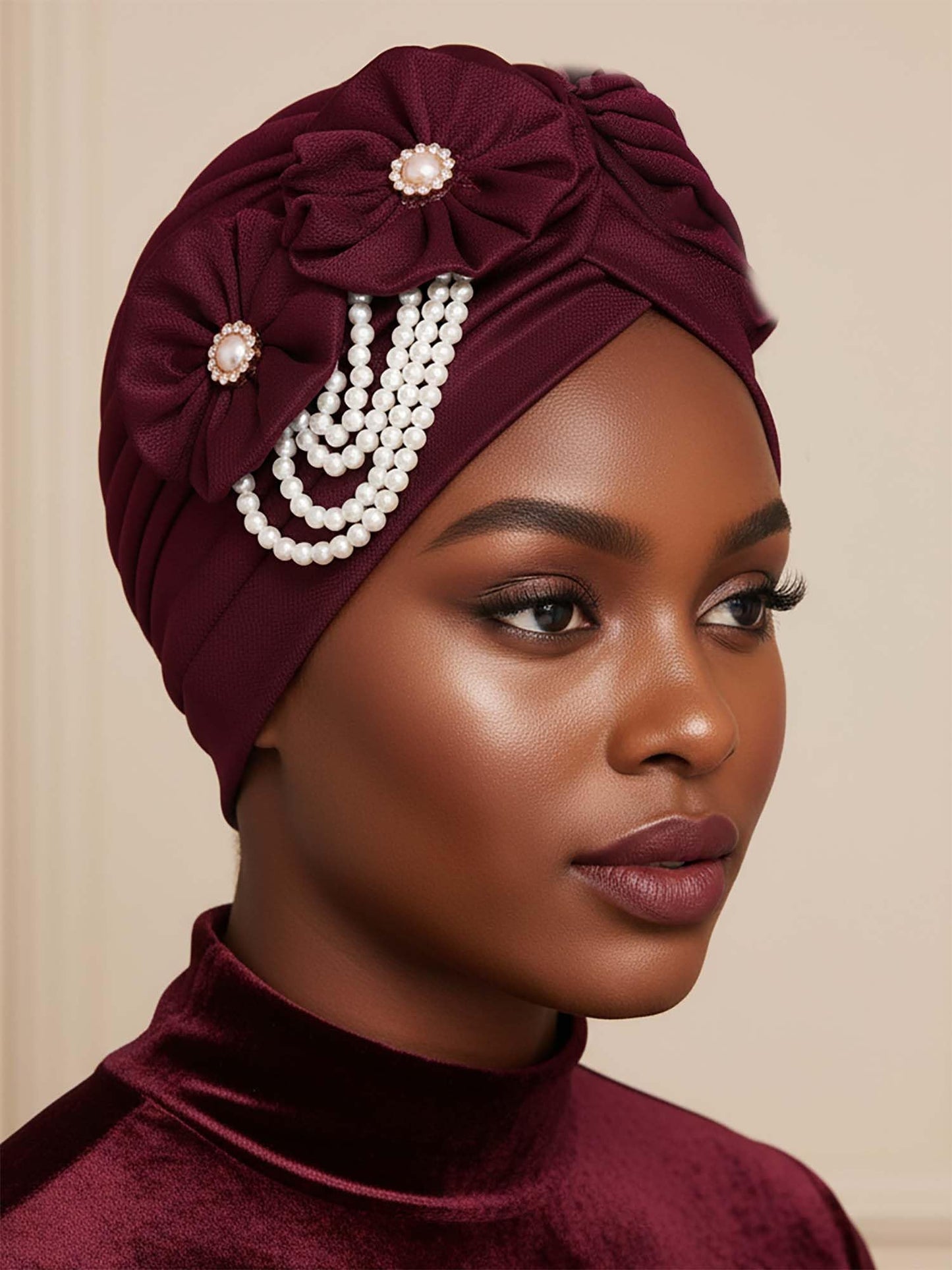 Woeoe Pearl Flower African Hats Pre-Tied Turbans Stretchy Twisted Church Wedding Head Wraps for Women